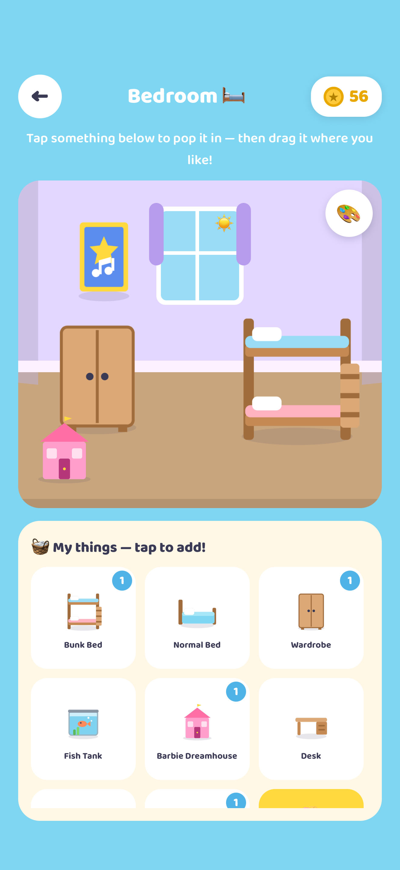 Numberville bedroom screen — decorate your room with furniture you bought using gold coins